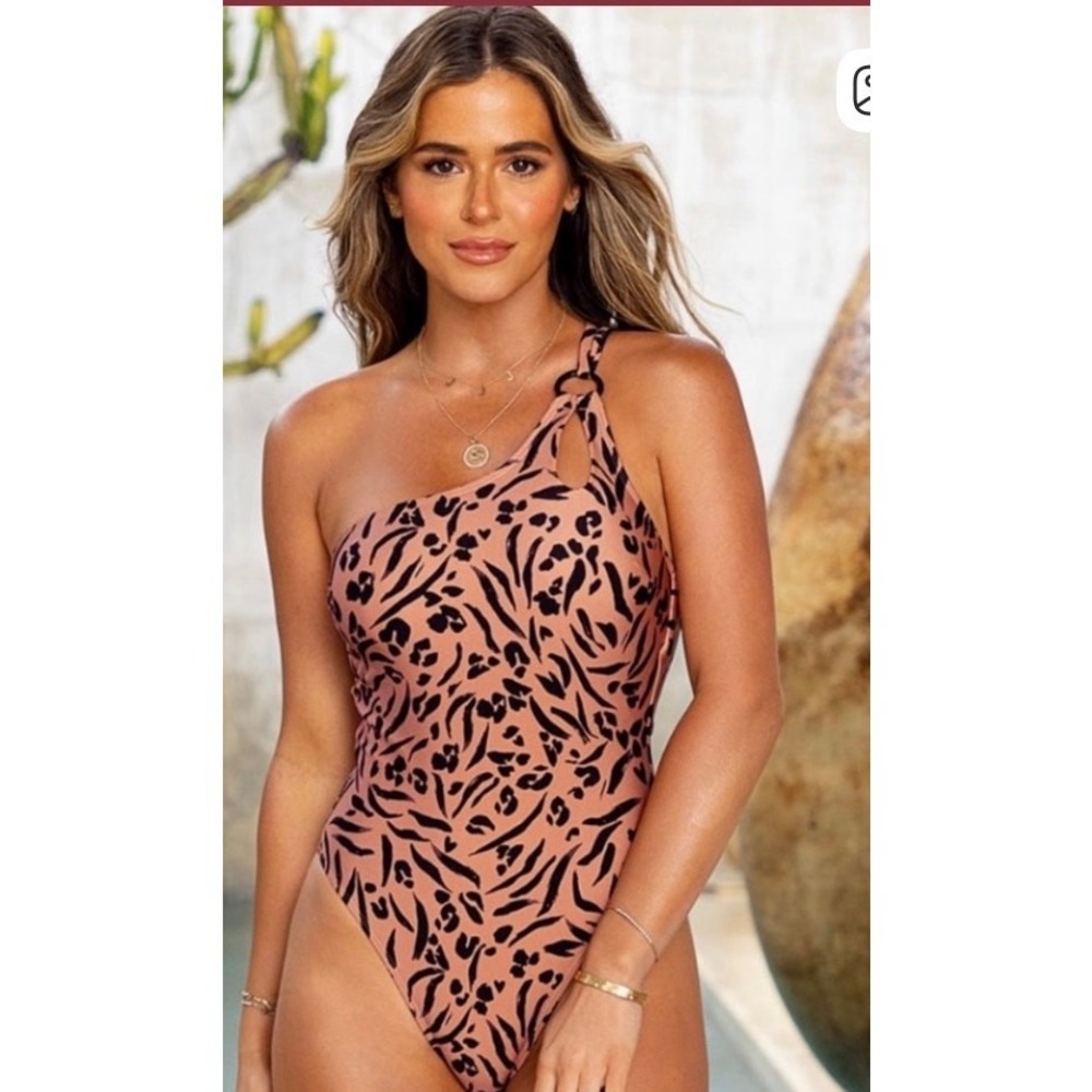 Cupshe x JoJo Fletcher Swimsuit Women M Brown Animal Print One Shoulder Beach